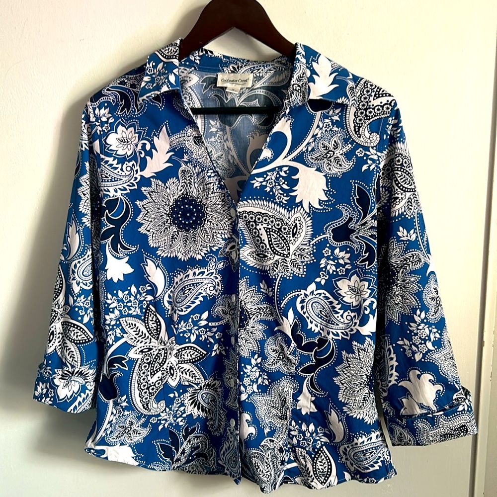 Coldwater Creek Split Collar 3/4 Sleeve No Iron Tailored Floral Paisley Blouse